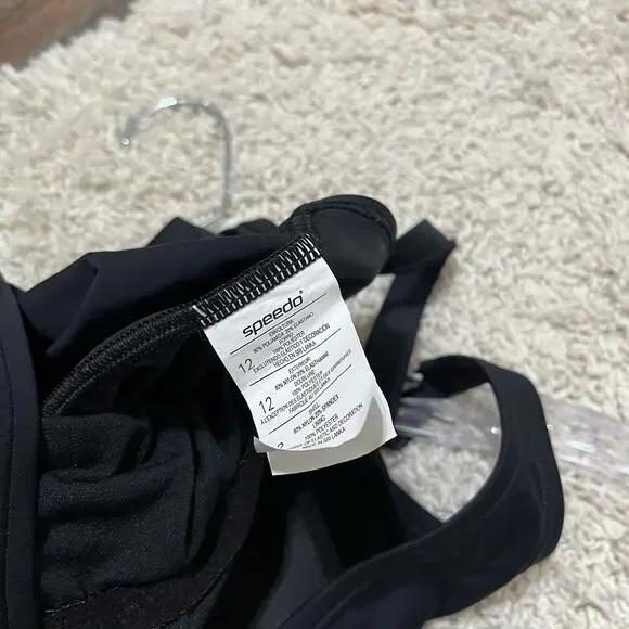 Speedo Size 12 Black Ruched V-Neck Built-In Bra Performance One Piece Swimsuit - Picture 4 of 6